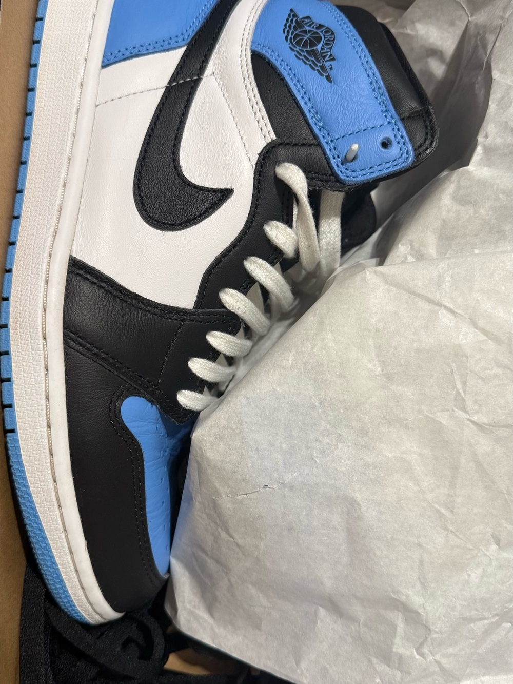 Jordan High-Top Sneakers in White, Black & Light Blue